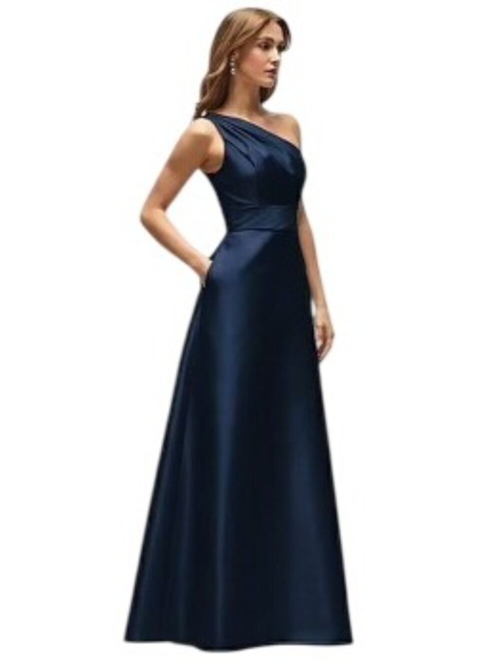 Alfred Sung One Shoulder A Line Satin Gown Navy Size 8 New With Tags - Picture 3 of 10